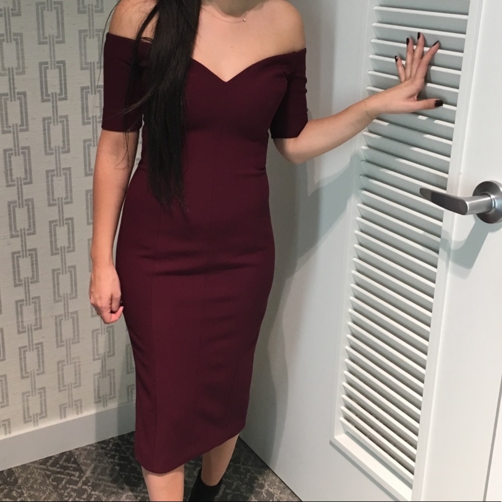 CINQ A SEPT BURGUNDY OFF THE SHOULDER DRESS